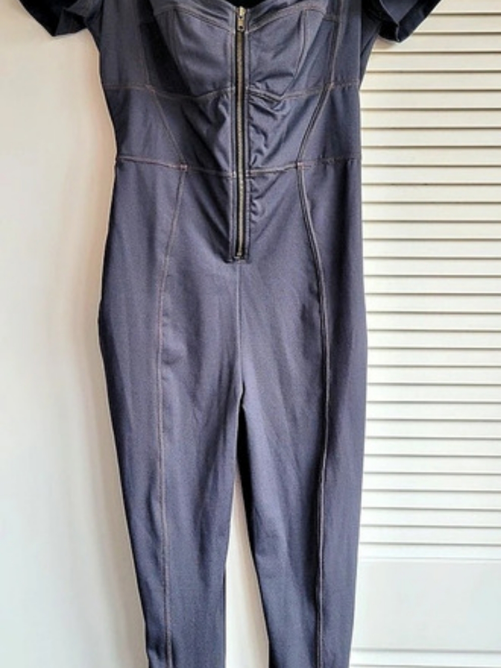 Popilush Shapewear Denim Short Sleeve Zip Front Butt Lift Jumpsuit Gray XL